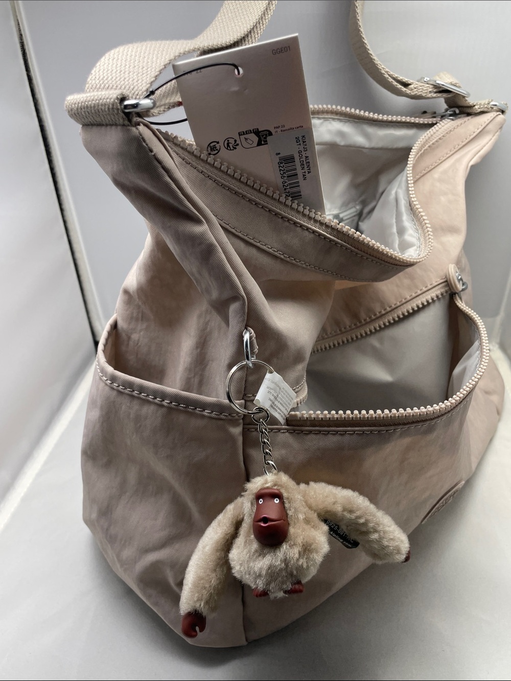 Kipling Light Beige Messenger Crossbody with Signature Monkey Charm - Picture 9 of 14